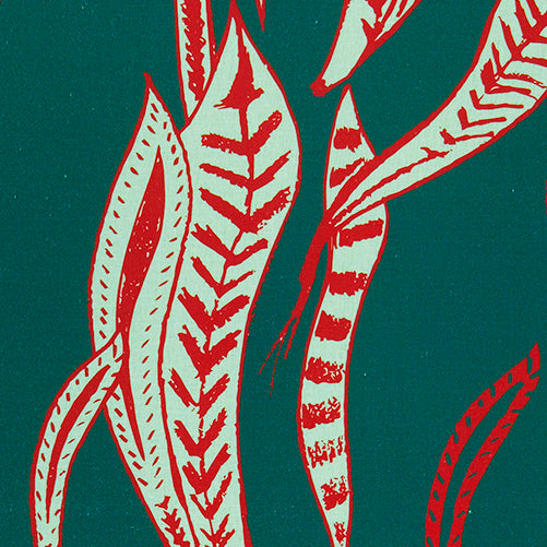 Kelp pattern home decor interiors fabric for curtains, blinds and upholstery in dark petrol blue and geranium red ships from Canada to USA