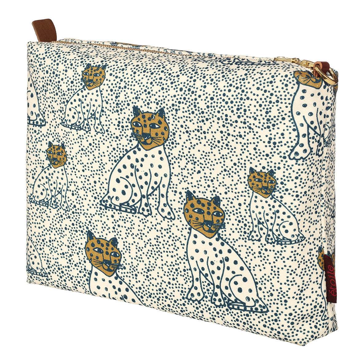 Graphic Leopard Pattern Cotton Canvas Vanity Bag in Petrol Blue & Gold