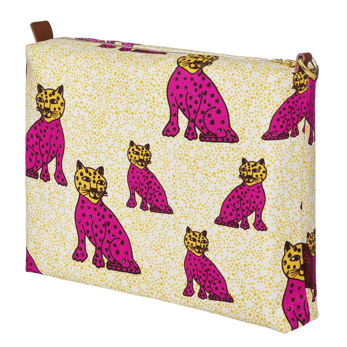 Graphic Leopard Pattern Cotton Canvas Travel Vanity Bag In Fuchsia Pink and Mustard Yellow Perfect for all your beauty and cosmetics items while travelling or at home Ships from Canada (USA) 
