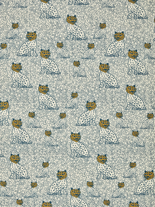 Graphic Leopard Pattern Printed Linen Cotton Canvas Home Decor Fabric in Petrol Blue and Gold for curtains, blinds, upholstery ships from Canada (USA)