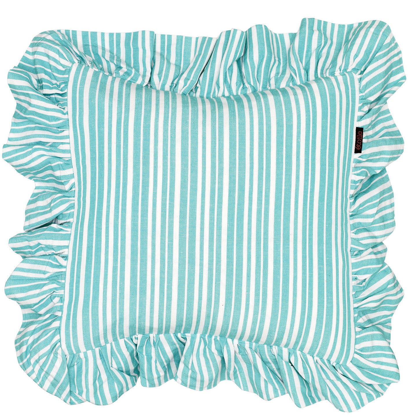 Palermo Ticking Stripe Ruffle Decorative Throw Pillow in Pacific Turquoise Blue 45x45cm 18x18"