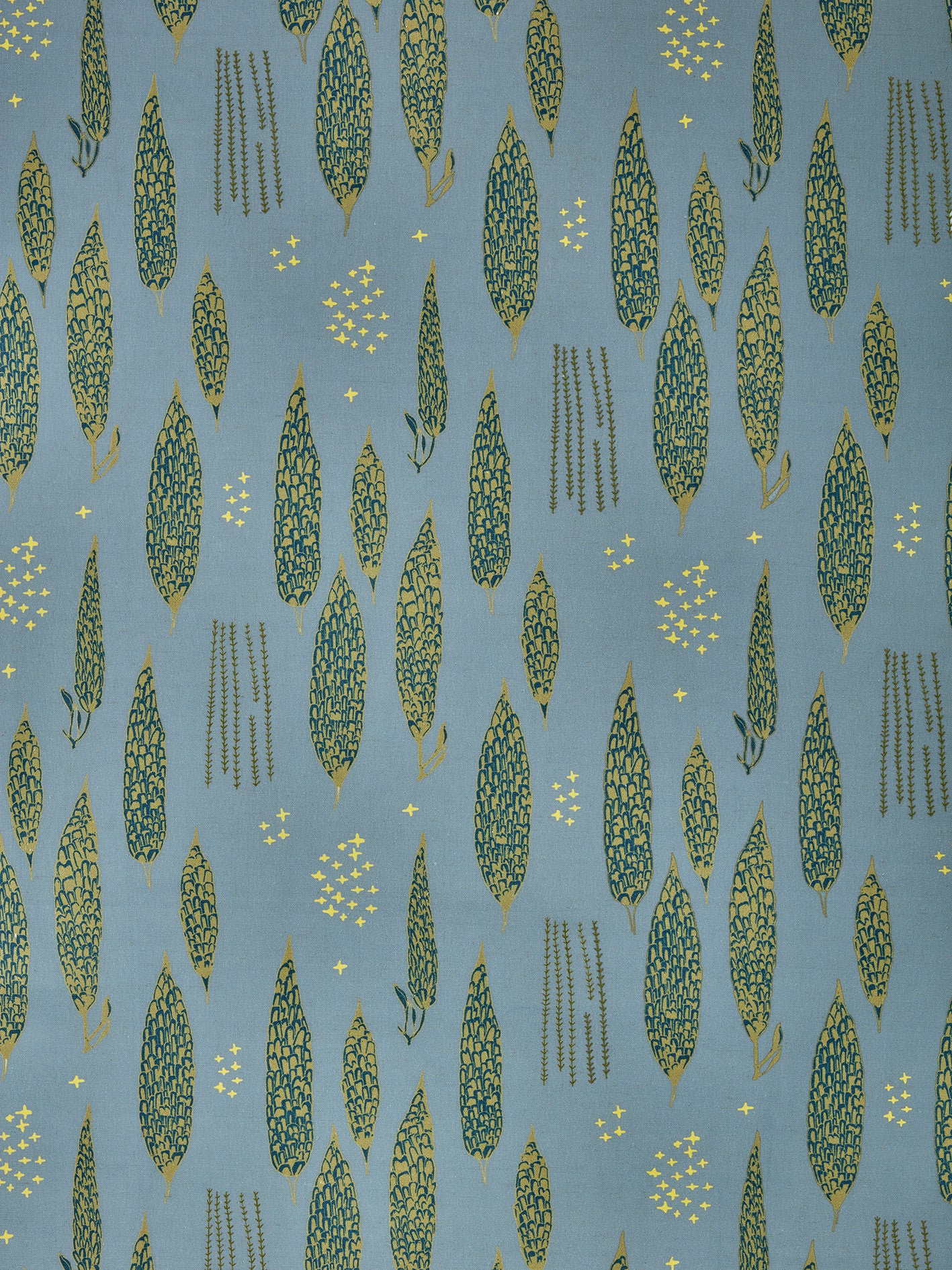 Graphic Rosemary Sprig Pattern Printed Linen Cotton Canvas Fabric in Light Winter Blue, Antique Moss Green and Dark Petrol Blue