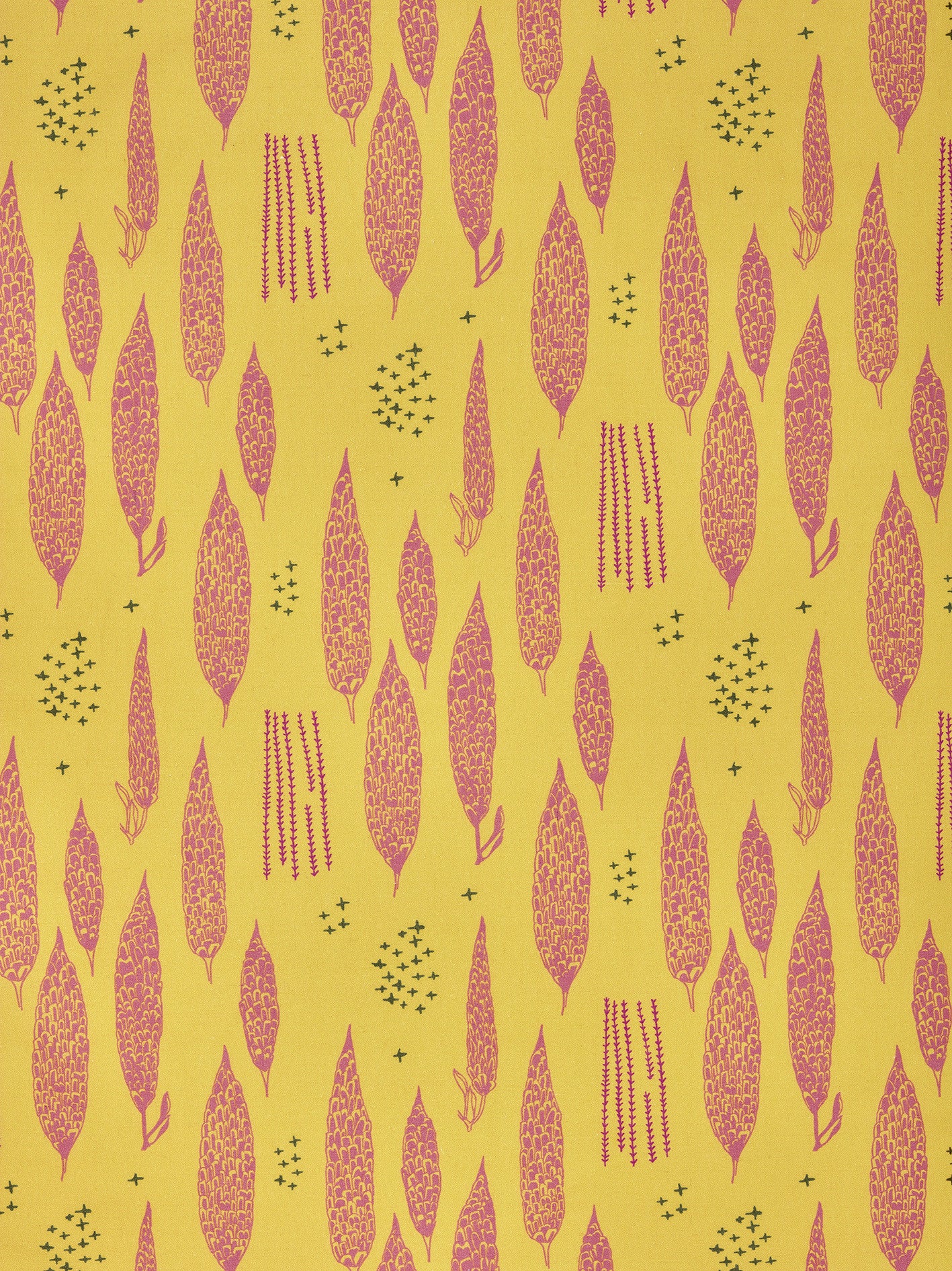 Graphic Rosemary Sprig Pattern Printed Linen Cotton Canvas Home Decor Fabric by the meter or yard for curtains, blinds or upholstery in Bright Mustard Yellow and Coral Pink ships from Canada (USA)