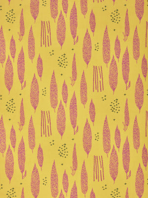 Graphic Rosemary Sprig Pattern Printed Linen Cotton Canvas Home Decor Fabric by the meter or yard for curtains, blinds or upholstery in Bright Mustard Yellow and Coral Pink ships from Canada (USA)
