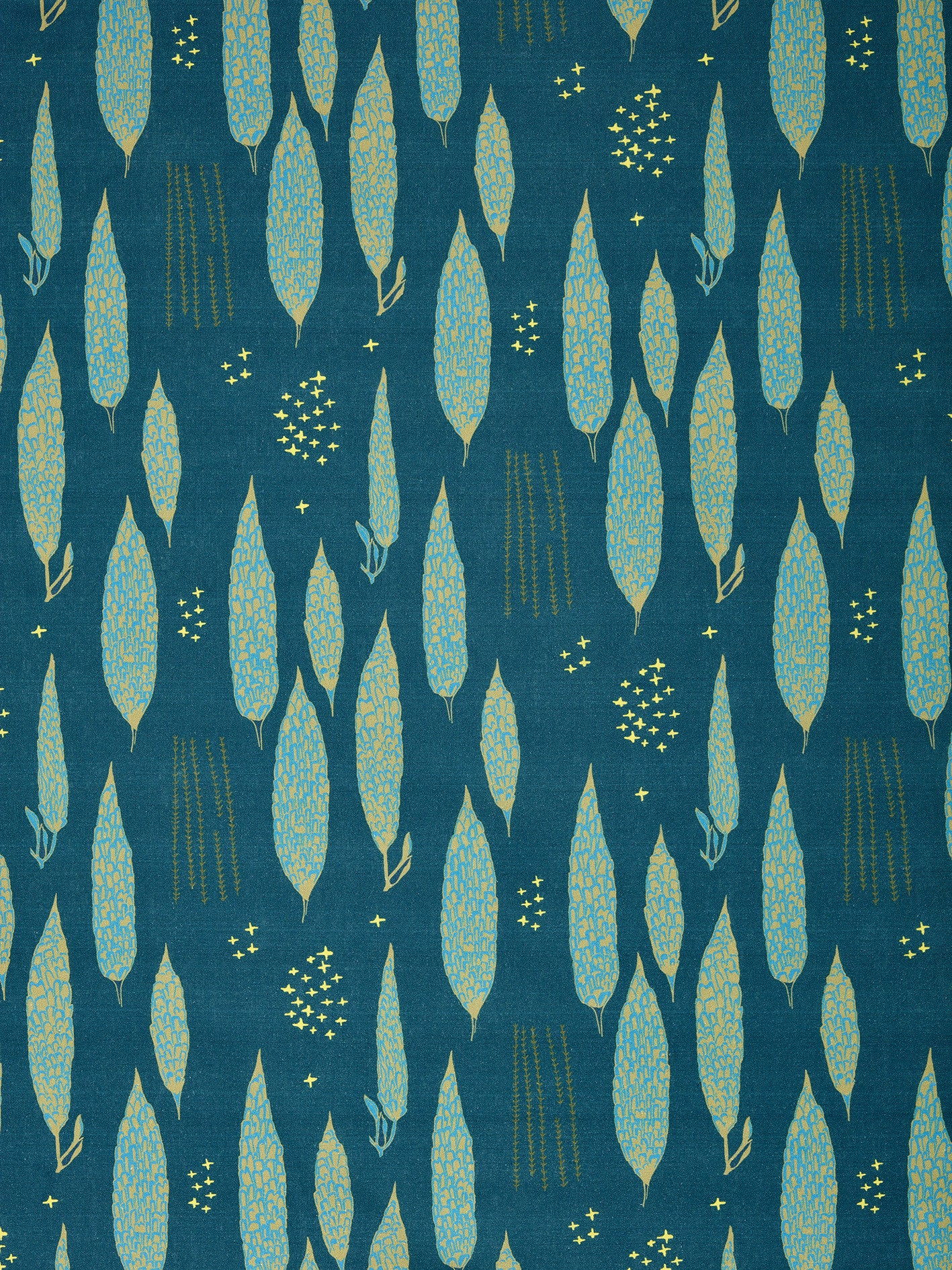 Graphic Rosemary Sprig Pattern Printed Linen Cotton Canvas Home Decor Fabric by meter or yard in Dark Petrol Blue, Antique Moss Green and Turquoise curtains, blinds or upholstery ships from Canada (USA)
