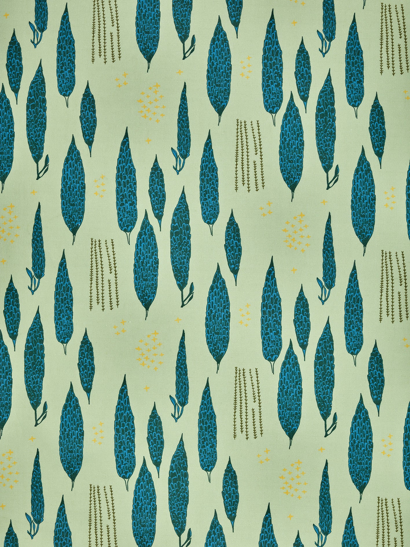 Graphic Rosemary Sprig Pattern Printed Linen Cotton Canvas Home Decor Fabric by the meter or by the yard for curtains, blinds or upholstery in Light Eau de Nil Green and Turquoise Blue ships form Canada (USA)