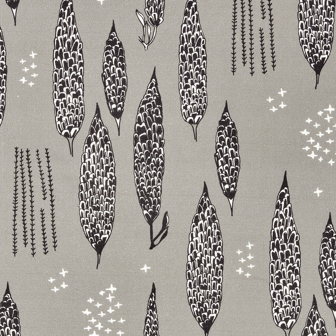 Graphic Rosemary Sprig Pattern Printed Linen Cotton Canvas Home Decor Home Decor Fabric in Light Dove Grey and Black for curtain, blinds or upholstery ships from Canada (USA)