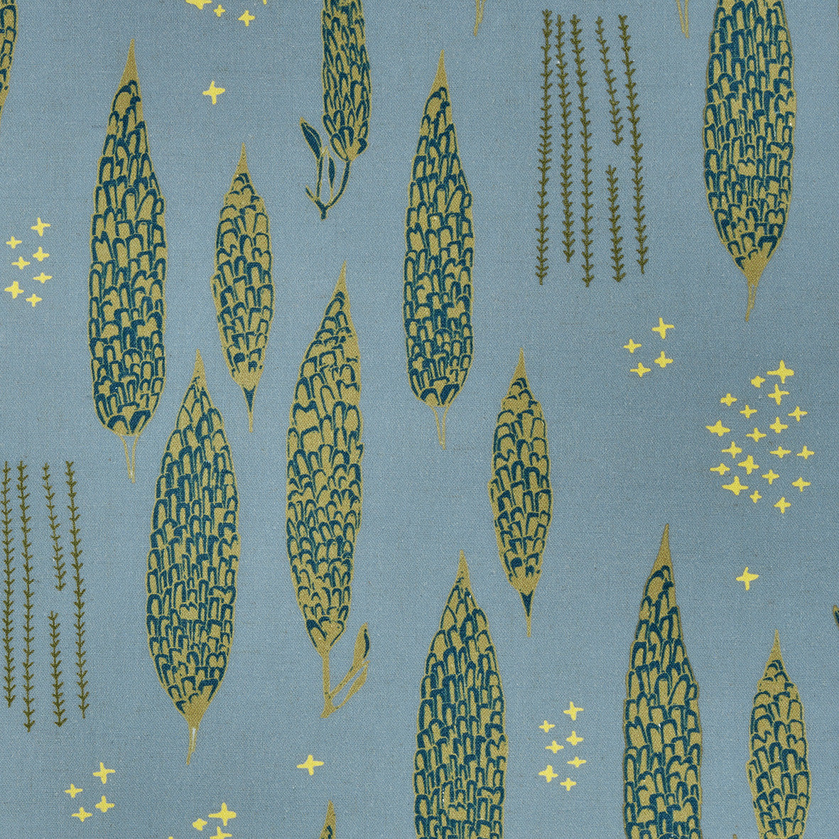 Graphic Rosemary Sprig Pattern Printed Linen Cotton Canvas Fabric in Light Winter Blue, Antique Moss Green and Dark Petrol Blue