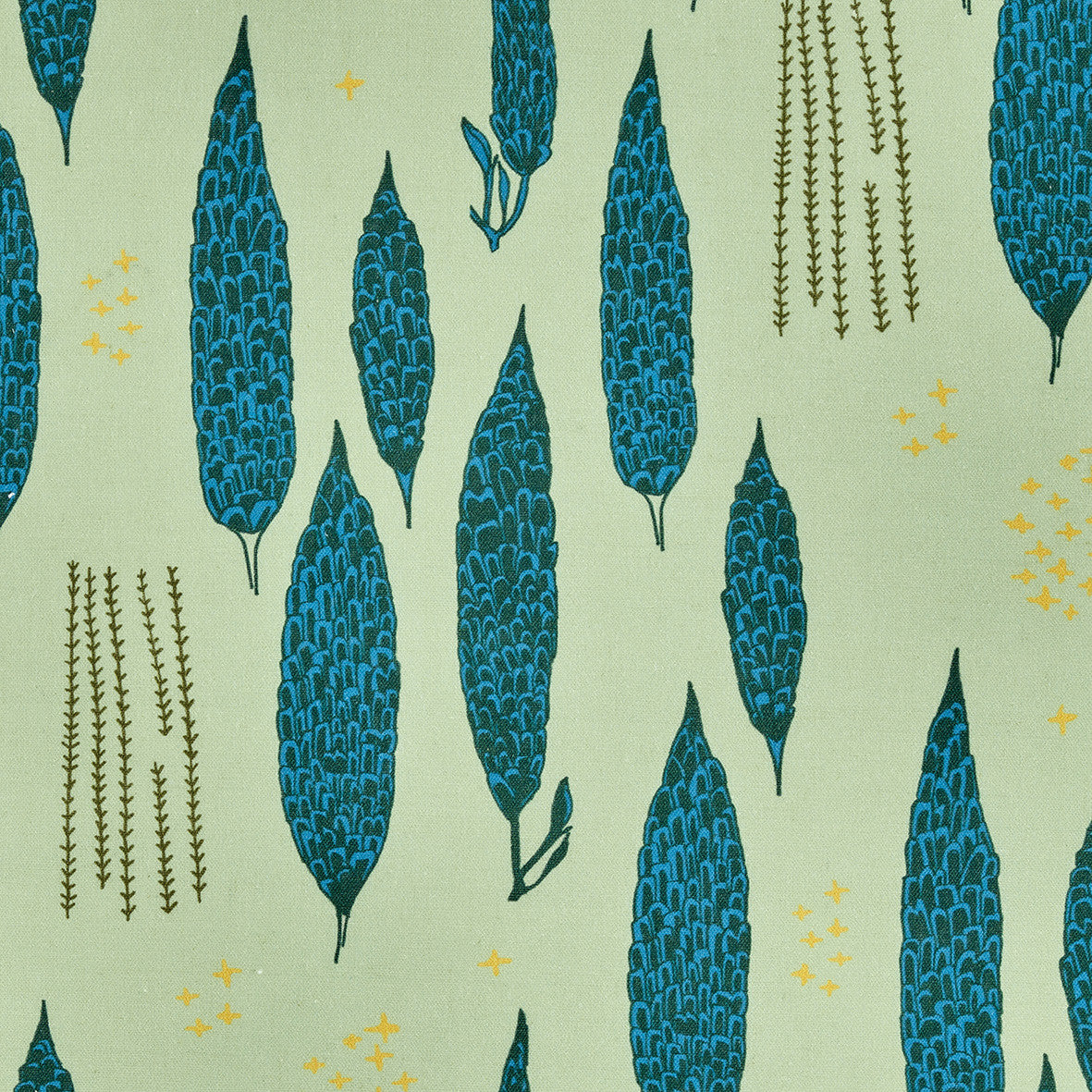 Graphic Rosemary Sprig Pattern Printed Linen Cotton Canvas Home Decor Fabric by the meter or by the yard for curtains, blinds or upholstery in Light Eau de Nil Green and Turquoise Blue ships form Canada (USA)