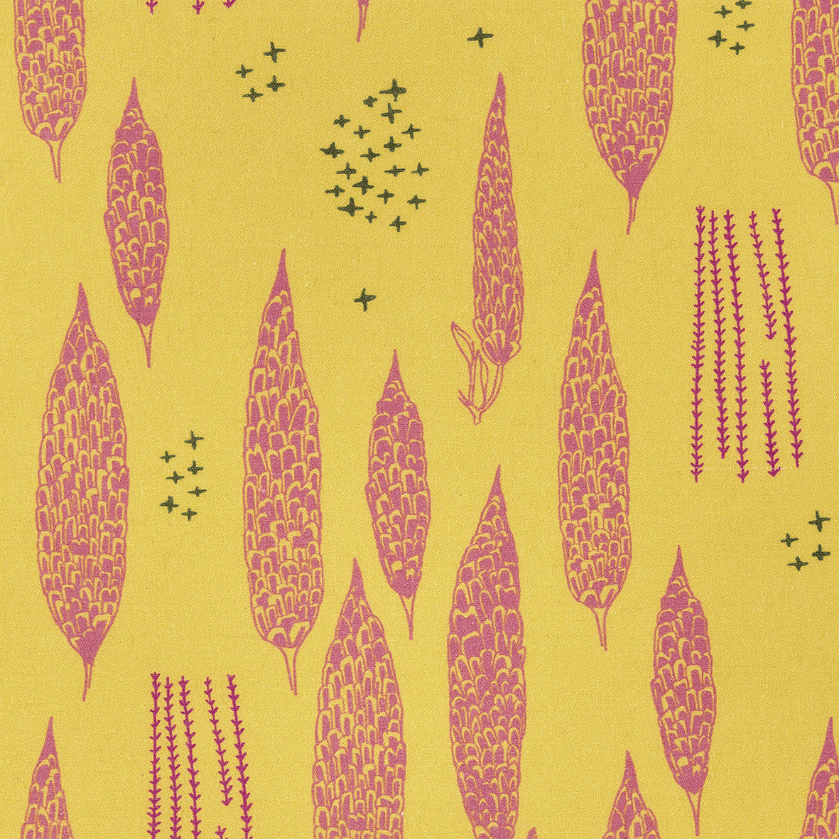 Graphic Rosemary Sprig Pattern Printed Linen Cotton Canvas Fabric in Bright Mustard Yellow and Coral Pink