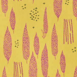 Graphic Rosemary Sprig Pattern Printed Linen Cotton Canvas Fabric in Bright Mustard Yellow and Coral Pink