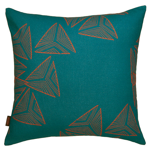 Stay Sails Pattern decorative Throw Pillow in Petrol Blue and Geranium Red ships from Canada worldwide including the USA