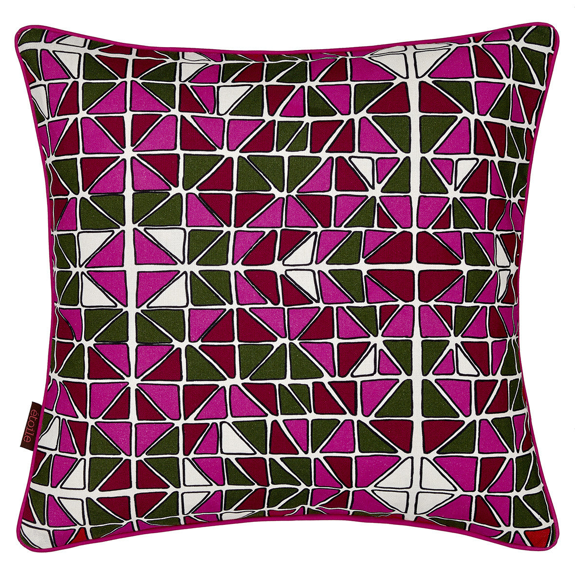 Mosaic Patterned Printed Linen Union Cushion in Fuchsia Pink, Olive Green and Vermilion Red
