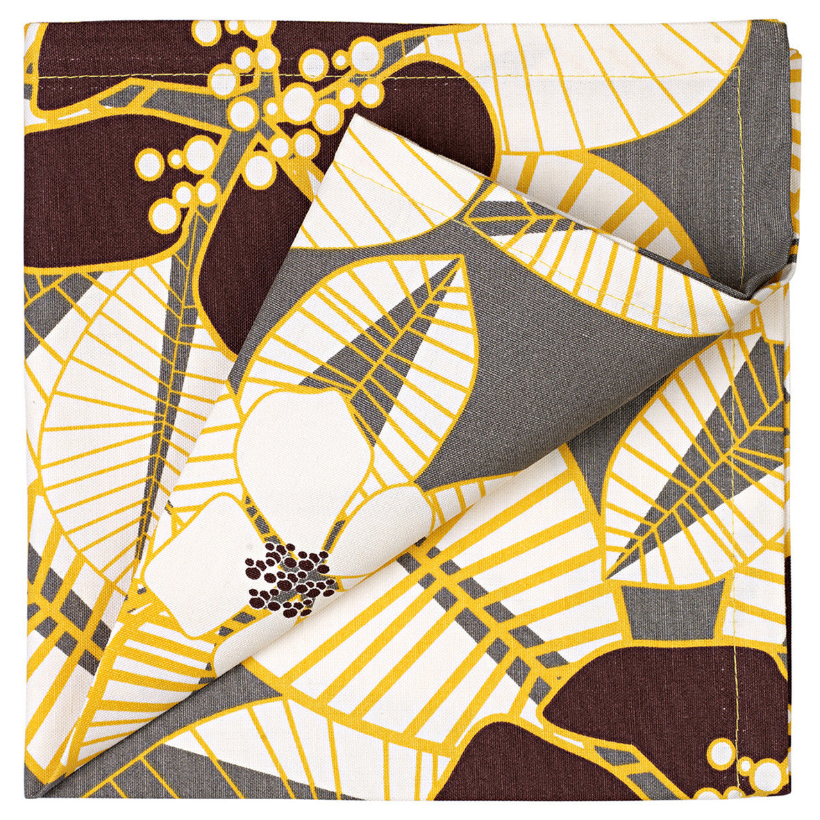 Tiki Tropical Floral Napkin in Stone Grey with yellow, brown and white
