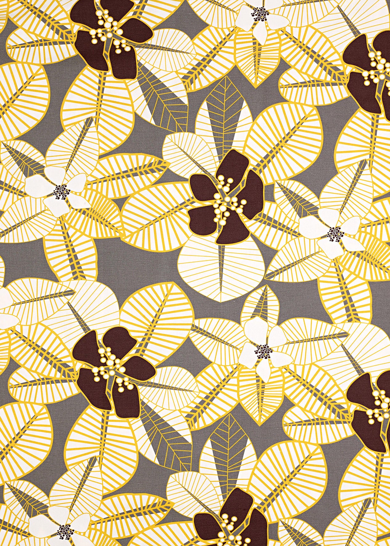 Tiki Graphic Floral Pattern Cotton Linen Fabric by the Meter in Stone Grey, Yellow & Brown
