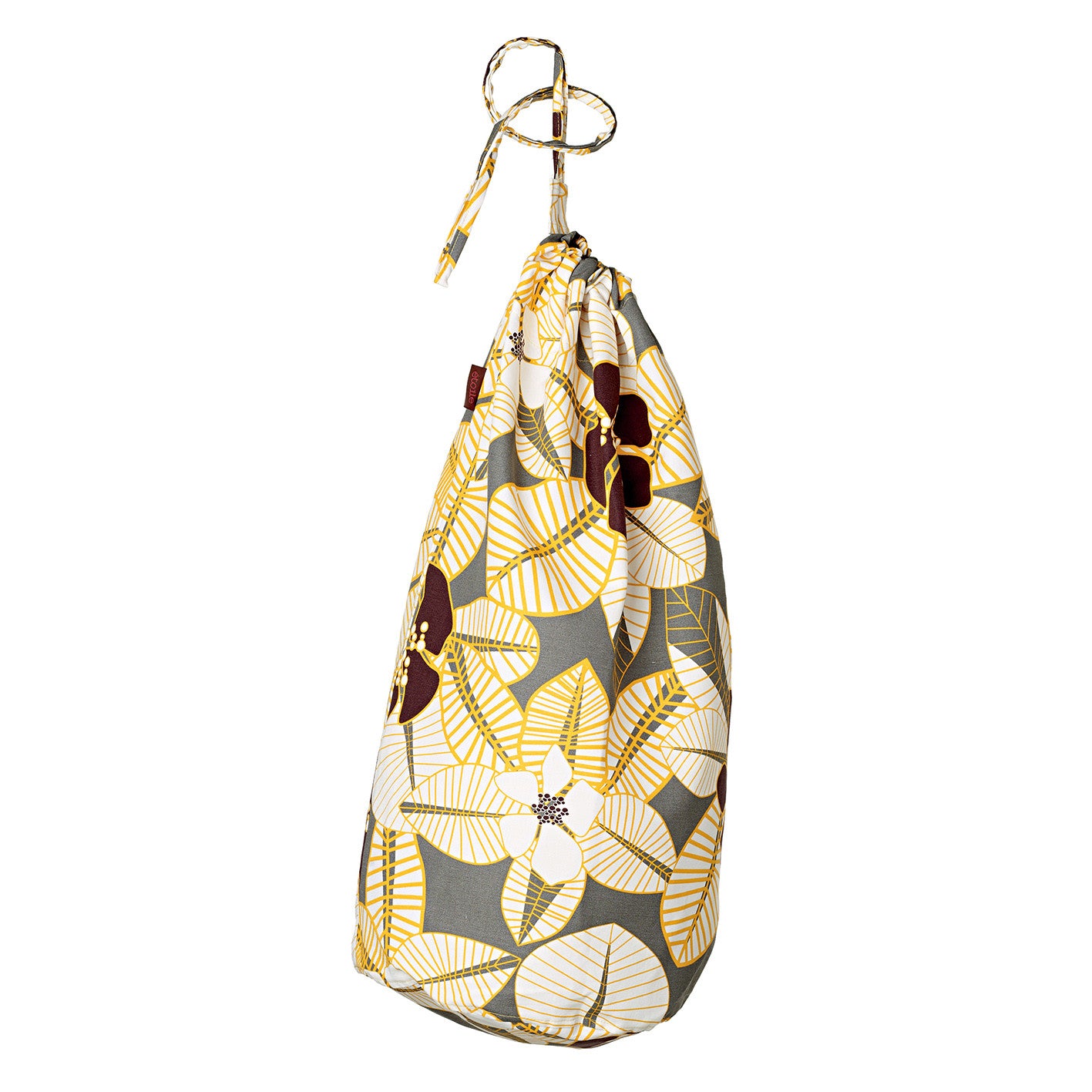Tiki Tropical Floral Pattern Printed Cotton Linen Drawstring Laundry & Storage Bag - Stone Grey, yellow, chocolate and white - Ships from Canada (USA)
