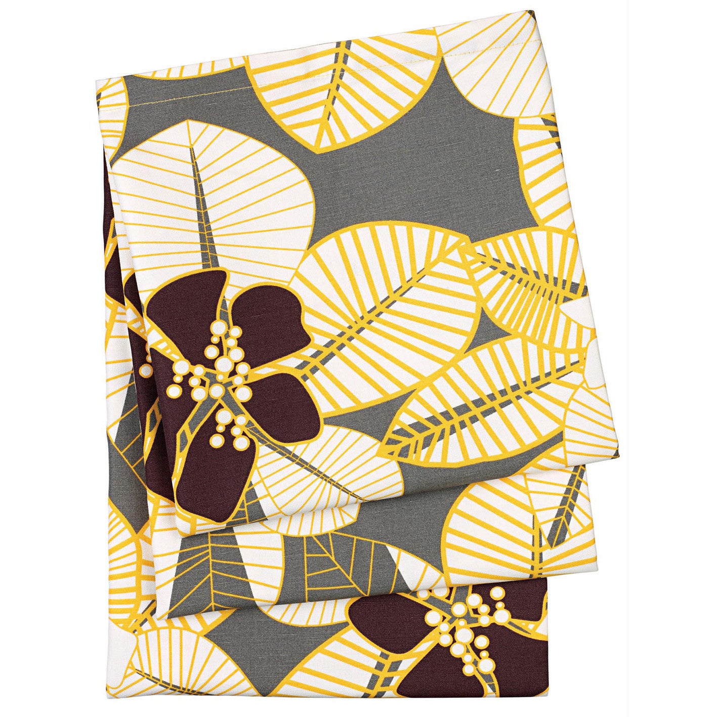 Tiki Tropical Floral Pattern Cotton Linen Tablecloth in Grey, Yellow and Brown Made in Canada