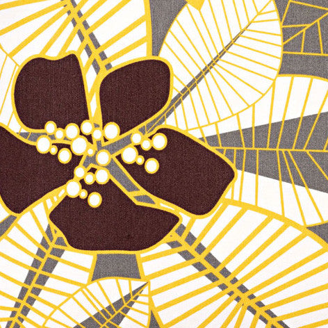 Tiki Graphic Floral Pattern Cotton Linen Fabric by the Meter in Stone Grey, Yellow & Brown