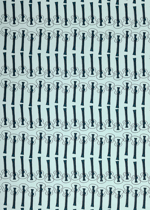 Ukelele Guitar Pattern Cotton Linen Home Decor Interiors Fabric by the Meter or yard for curtains, blinds or upholstery in Light Celeste Blue ships from Canada (USA)