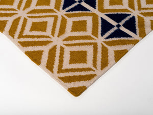 Glasswork Geometric Pattern Flat Weave Wool Rug in Gold and Dark Petrol Blue