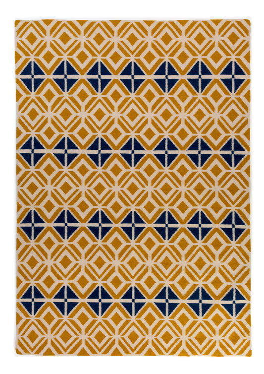 Glasswork Geometric Pattern Flat Weave Wool Rug in Gold and Dark Petrol Blue