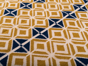 Glasswork Geometric Pattern Flat Weave Wool Rug in Gold and Dark Petrol Blue