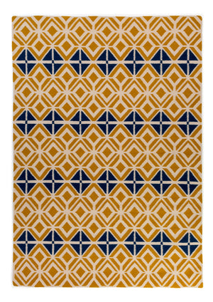 Glasswork Geometric Pattern Flat Weave Wool Rug in Gold and Dark Petrol Blue