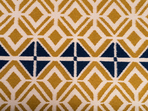 Glasswork Geometric Pattern Flat Weave Wool Rug in Gold and Dark Petrol Blue