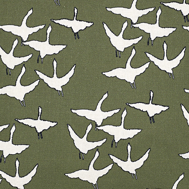 Geese Bird Pattern Cotton Linen Fabric by the Meter in Olive Green