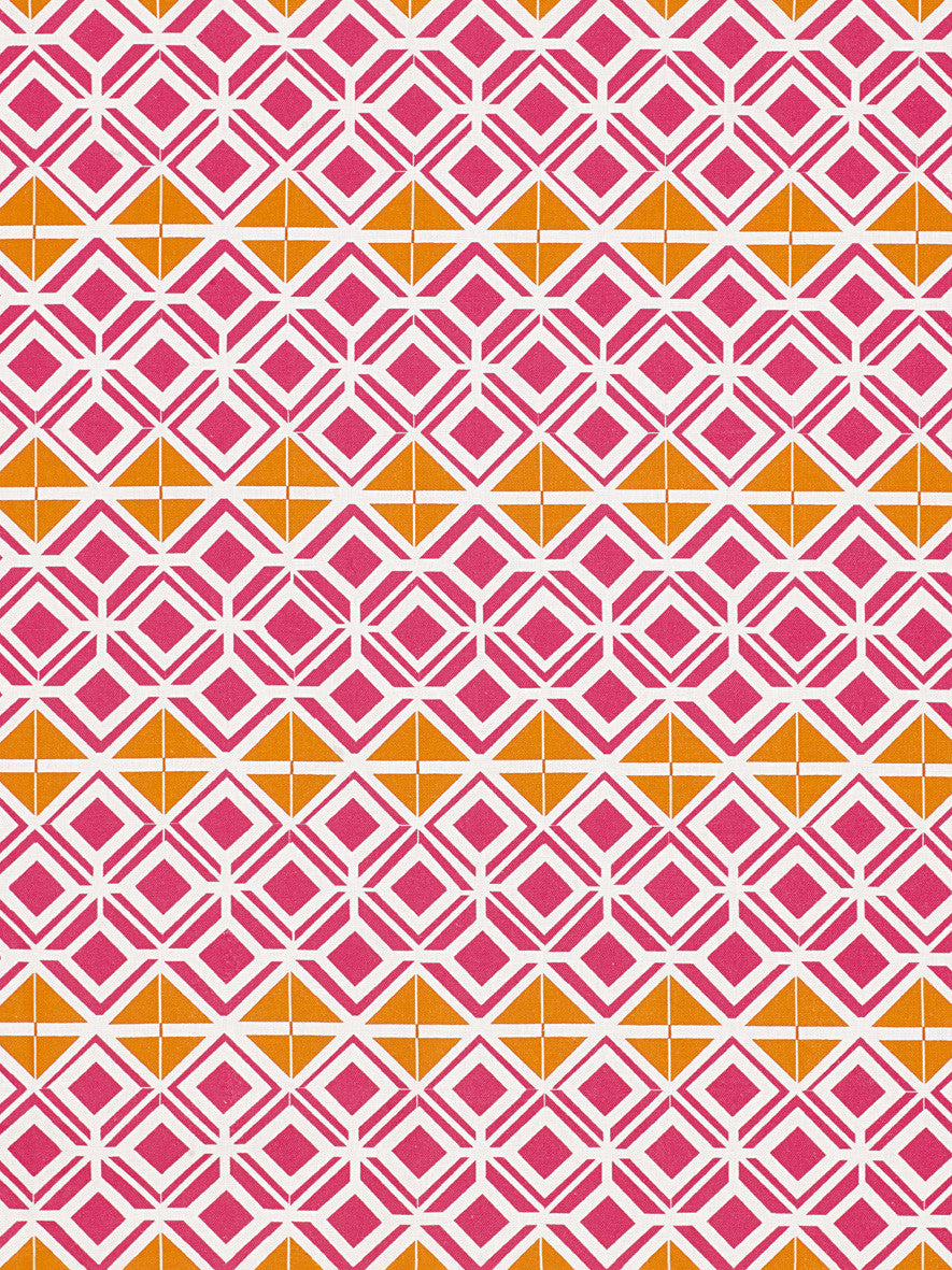 Glasswork Geometric Pattern Cotton Linen Fabric by the Meter in Bright Fuchsia Pink & Pumpkin Orange 