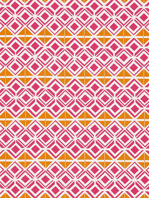 Glasswork Geometric Pattern Cotton Linen Fabric by the Meter in Bright Fuchsia Pink & Pumpkin Orange 