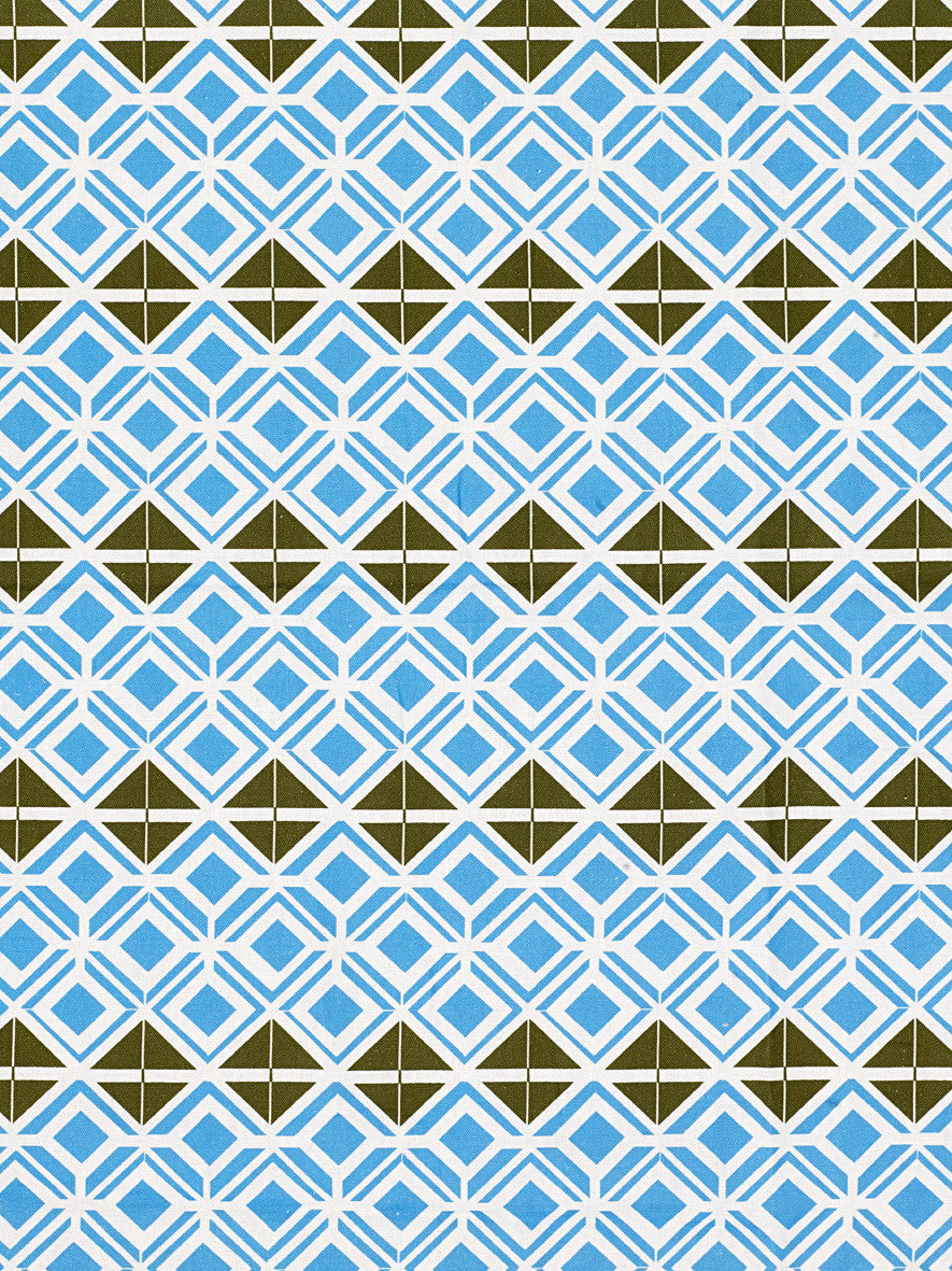 Glasswork Geometric Pattern Cotton Linen Fabric by the Meter in Turquoise Blue / Olive Green