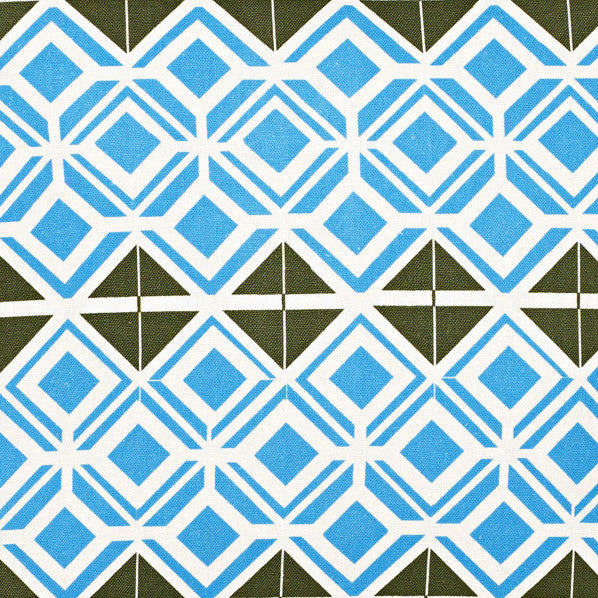 Glasswork Geometric Pattern Cotton Linen Fabric by the Meter in Turquoise Blue / Olive Green