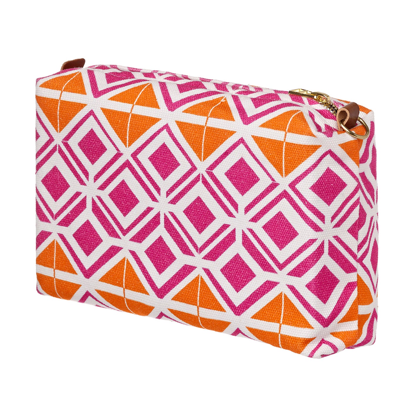 Glasswork Geometric Pattern Canvas Wash toiletry travel Bag in Bright Fuchsia Pink / Pumpkin Orange ships from Canada perfect for cosmetics