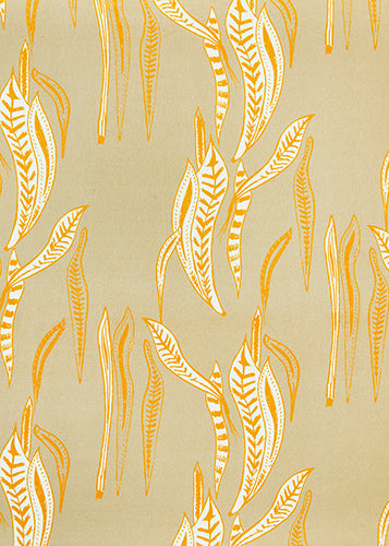 Kelp pattern earth and maize yellow home decor interior fabric for curtains, blinds, upholstery ships from Canada to USA by the yard or by the meter 