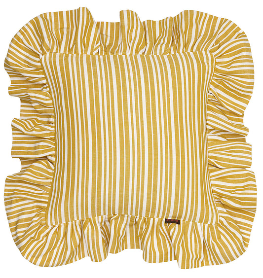 Palermo Ticking Stripe Ruffle Decorative Throw Pillow in Mustard Gold 45x45cm 18x18"