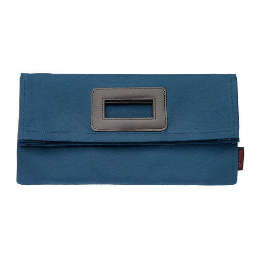 Stephanie Resin Coated Canvas Knitting Clutch Bag in Petrol Blue