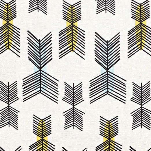 Stitchwork Geometric Pattern cotton linen home decor interiors Fabric by the meter or yard for curtains, blinds or upholstery- White with yellow and light blue - ships from Canada worldwide (USA)